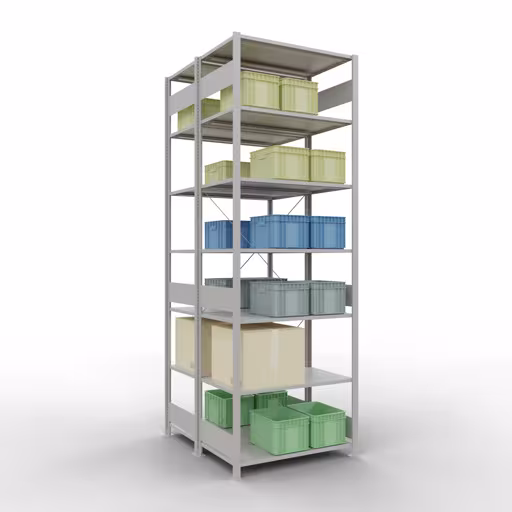 Grundregal, Doppelregal, Fachbodenregal Stecksystem MULTIplus150, 3000 x 1000 x (2x1200) mm (HxBxT), 2x7 Fachböden, Kreuzstrebe, RAL 7035 lichtgrau mit der GTIN 4058255035212 Grundregal, Doppelregal, Fachbodenregal Stecksystem MULTIplus150, 3000 x 1000 x (2x1200) mm (HxBxT), 2x7 Fachböden, Kreuzstrebe, RAL 7035 lichtgrau von Schulte Lagertechnik mit der Artikelnr. 32762