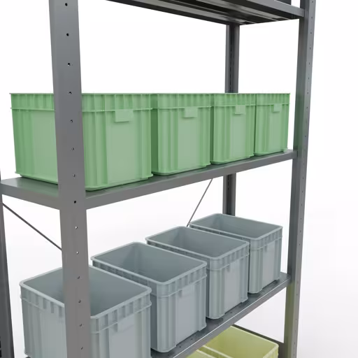 Weitere Ansicht des Artikels Grundregal, Fachbodenregal Stecksystem MULTIplus150, 2000 x 1000 x 300 mm (HxBxT), 5 Fachböden, Kreuzstrebe, verzinkt - Expressline Weitere Ansicht des Artikels Grundregal, Fachbodenregal Stecksystem MULTIplus150, 2000 x 1000 x 300 mm (HxBxT), 5 Fachböden, Kreuzstrebe, verzinkt - Expressline aus der Kategorie Stecksystem