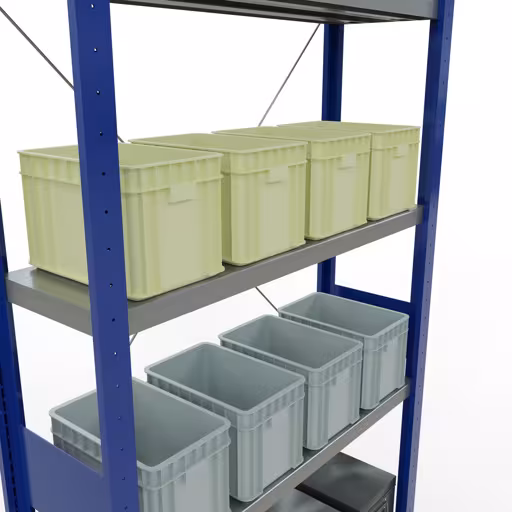 Andere Ansicht des Artikels Grundregal, Fachbodenregal Stecksystem MULTIplus250, 3000 x 1000 x 300 mm (HxBxT), 7 Fachböden, Kreuzstrebe, RAL 5010 enzianblau/verzinkt aus der Kategorie Stecksystem