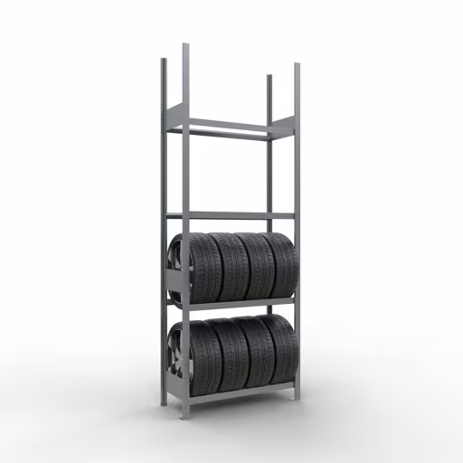 Grundregal, Räder-/Reifenregal, 2750 x 1000 x 400 mm (HxBxT), verzinkt, 4 Lagerebenen á 150 kg Fachlast pro Ebene aus der Kategorie Autoteilelagerung mit der GTIN 4058255010318 Grundregal, Räder-/Reifenregal, 2750 x 1000 x 400 mm (HxBxT), verzinkt, 4 Lagerebenen á 150 kg Fachlast pro Ebene von der Marke Schulte Lagertechnik aus der Produktreihe Fachbodenregale