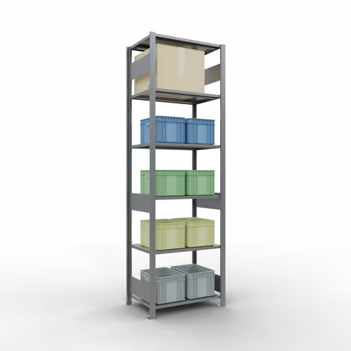 Grundregal, Fachbodenregal Stecksystem MULTIplus150, 2500 x 750 x 500 mm (HxBxT), 6 Fachböden, Längenriegel, verzinkt mit der GTIN 4004514254658 Grundregal, Fachbodenregal Stecksystem MULTIplus150, 2500 x 750 x 500 mm (HxBxT), 6 Fachböden, Längenriegel, verzinkt von Schulte Lagertechnik mit der Artikelnr. 12751-75-LR