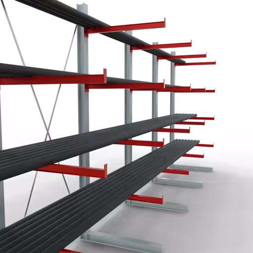 Abbildung Nr 9 des Artikels K 6000 Komplettregal, einseitig, 3000 x 7500 x 1000 mm, RAL 7001 / RAL 3000, 5 Lagerebenen aus der Produktgruppe Kragarmregale von der Marke Schulte Lagertechnik