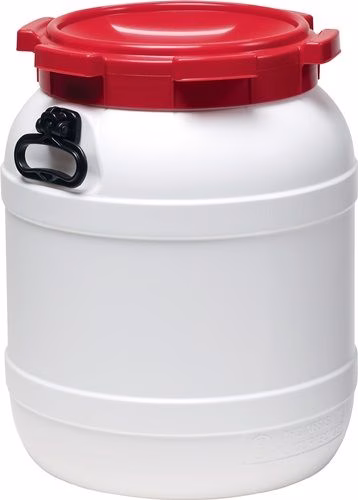 Detailbild 4064337 Weithalsfass 55,0 l PE weiß mit rotem Deckel mit 2 Tragegriffen Einfüllöffnung-Ø 282 mm