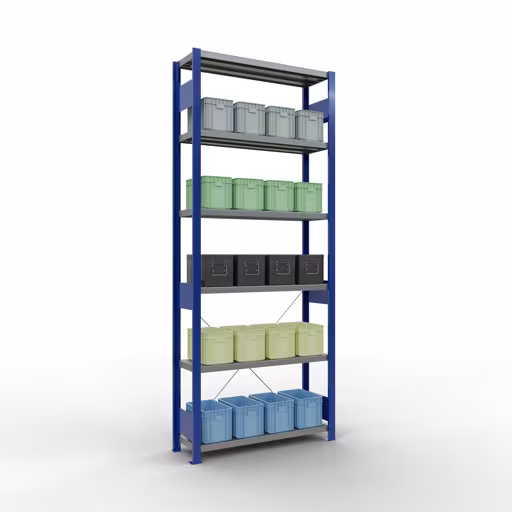 Grundregal, Fachbodenregal Stecksystem MULTIplus250, 2500 x 1000 x 300 mm (HxBxT), 6 Fachböden, Kreuzstrebe, RAL 5010 enzianblau/verzinkt mit der GTIN 4004514282064 Grundregal, Fachbodenregal Stecksystem MULTIplus250, 2500 x 1000 x 300 mm (HxBxT), 6 Fachböden, Kreuzstrebe, RAL 5010 enzianblau/verzinkt von Schulte Lagertechnik mit der Artikelnr. 12931-B