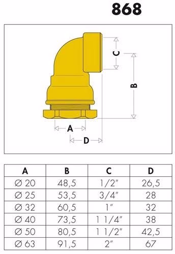 Technische Zeichnung 4014986 Winkelverschraubung 868 Messing 32 x 1 Zoll IG Messing CALEFFI