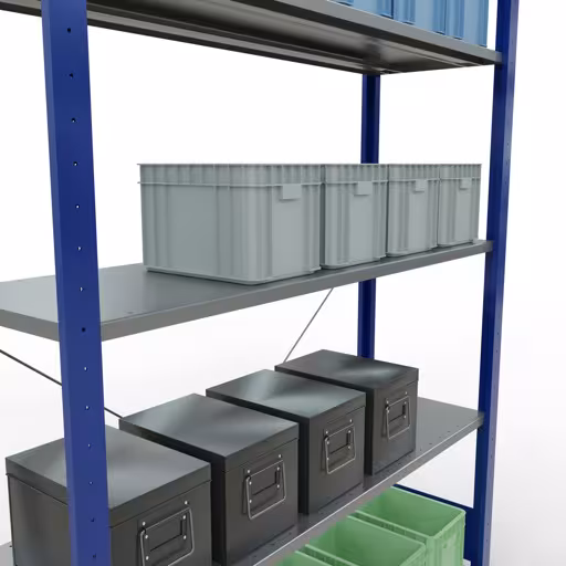 Grundregal, Fachbodenregal Stecksystem MULTIplus150, 2000 x 1300 x 400 mm (HxBxT), 5 Fachböden, Kreuzstrebe, RAL 5010 enzianblau/verzinkt mit der GTIN 4004514243164 Grundregal, Fachbodenregal Stecksystem MULTIplus150, 2000 x 1300 x 400 mm (HxBxT), 5 Fachböden, Kreuzstrebe, RAL 5010 enzianblau/verzinkt von Schulte Lagertechnik mit der Artikelnr. 12740-130-B