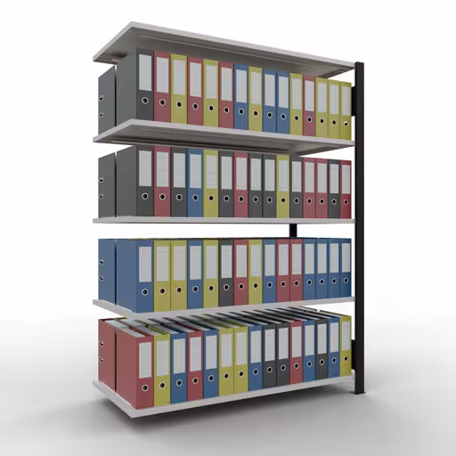 Abbildung Nr 13 des Artikels Anbauregal, Büro-Fachbodenregal Stecksystem MULTIplus150, 1800 x 1300 x 600 mm (HxBxT), 5 Fachböden, Längenriegel, ohne Mittelanschlag, schwarz/lichtgrau aus der Produktgruppe Büroregale von der Marke Schulte Lagertechnik
