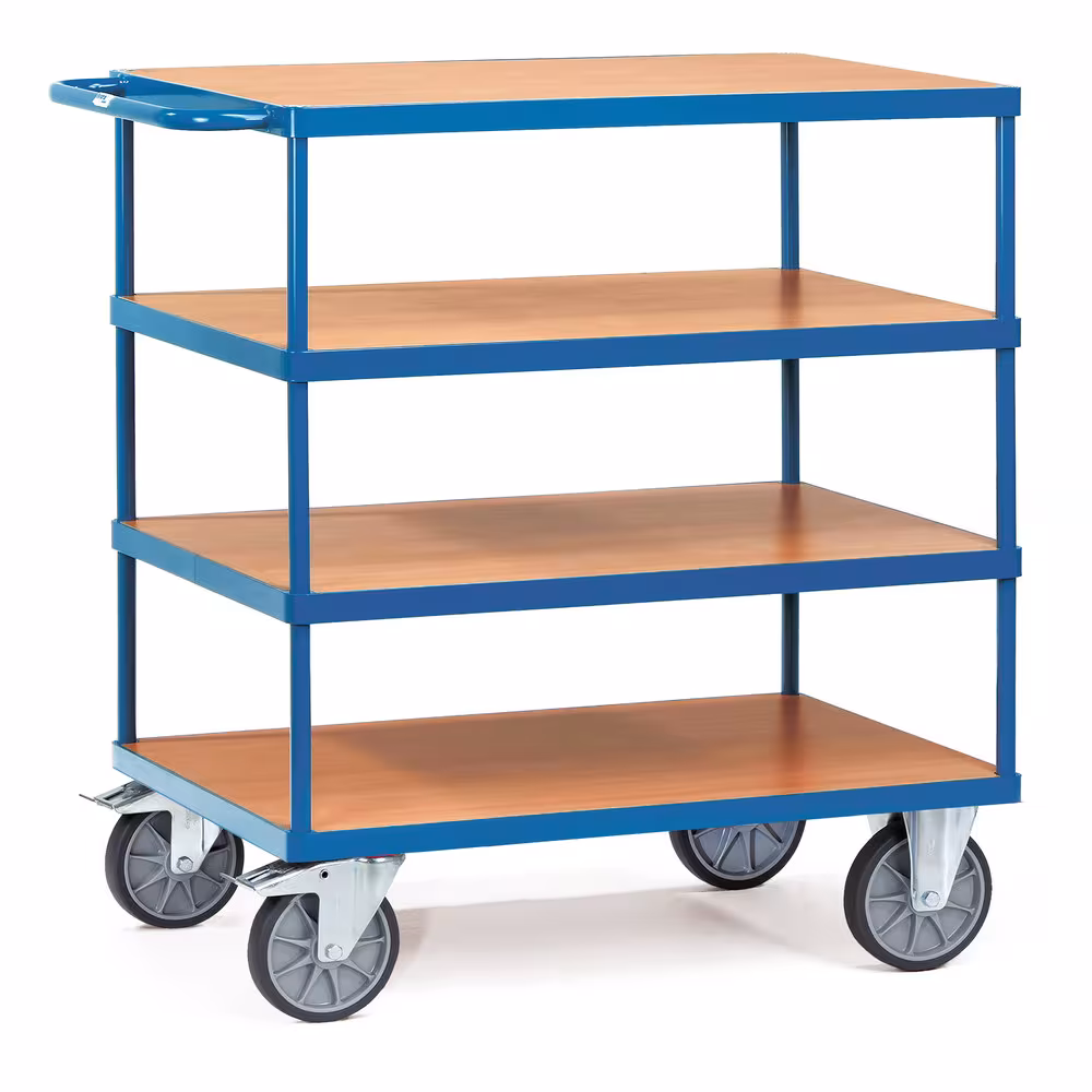 Tischwagen 2440 Breite 500 mm, Länge 850 mm von der Marke Fetra Tischwagen 4 Etagen Stahlrohr und Profilstahl geschweißt, pulverbeschichtet RAL 5007. 4 Plattformen aus Holzwerkstoffplatte Typ Ladeflächenbreite: 500 mm aus der Kategorie Tischwagen mit der Artikelnr. 2440