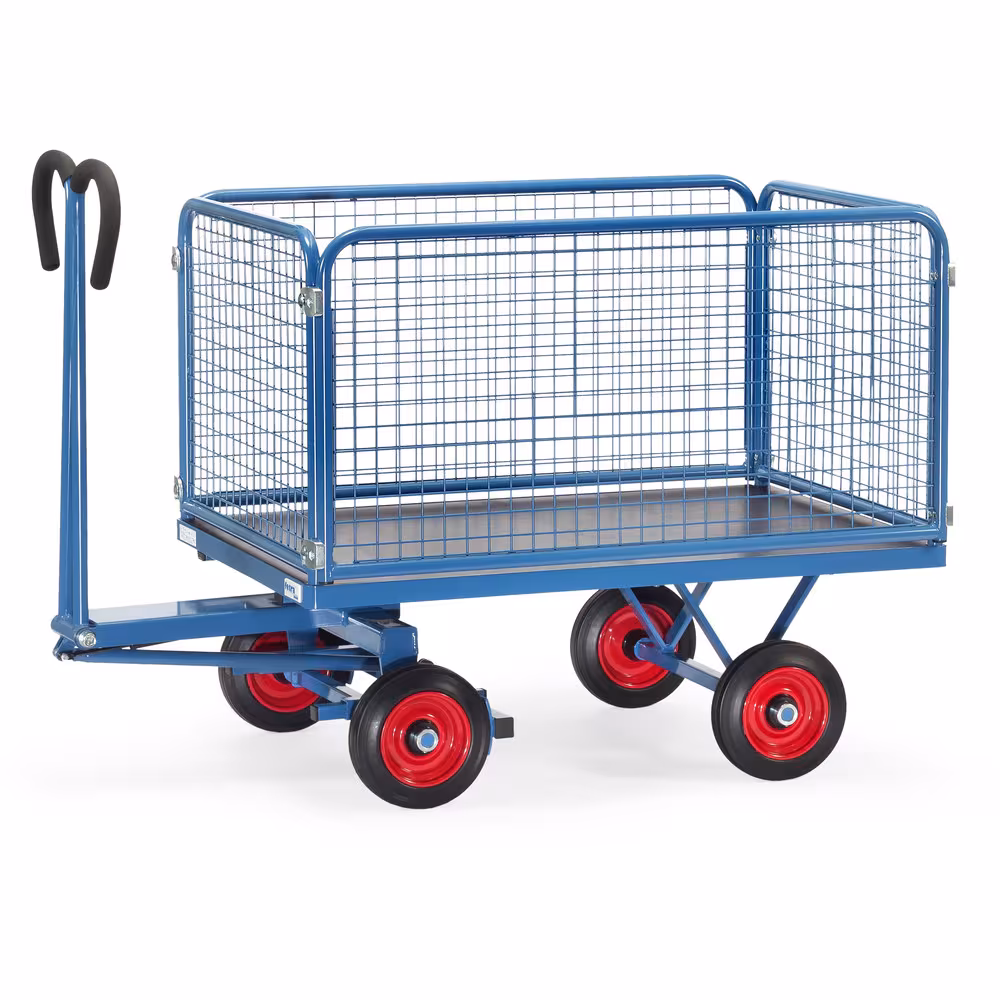 Handpritschenwagen 6433V Bereifung Vollgummi, Breite 800 mm, Länge 1200 mm von der Marke Fetra Handpritschenwagen Drahtgitter 600 mm Baukasten-System aus Profilstahl geschweißt, pulverbeschichtet RAL 5007 Typ Bereifung: Vollgummi aus der Kategorie Handwagen/Pritschenwagen mit der Artikelnr. 6433V