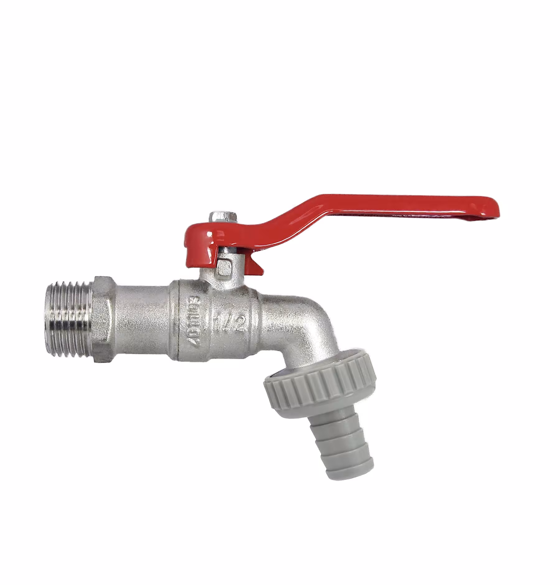Verchromter Auslaufkugelhahn 3/4“ mit rotem Griffhebel - Metall-Schlauchtülle 1“ x 3/4“ für Gartenschlauch oder Geräteanschlussschlauch von der Marke Puteus Kugelauslaufhähne Typ Größe: 3/4 Zoll aus der Kategorie Kugelhähne & Absperrventile mit der Artikelnr. 53072-F