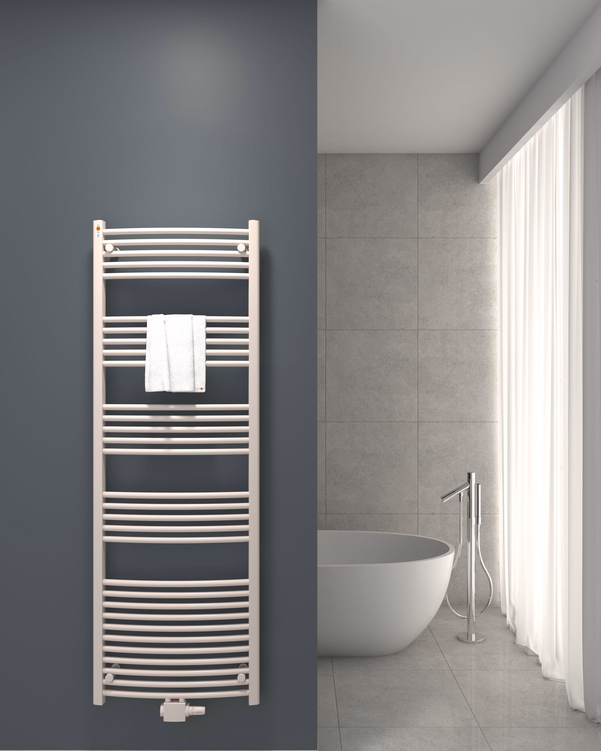 Radiatore per bagno MERT, bianco curvo, attacco centrale, dalla categoria radiatori per bagno