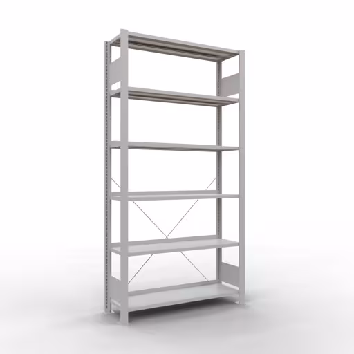 Grundregal, Büro-Fachbodenregal Stecksystem MULTIplus85, 2000 x 1000 x 300 mm (HxBxT), 6 Fachböden, Kreuzstrebe, mit Anschlagleiste, lichtgrau aus der Kategorie Stecksystem mit der Artikelnummer 36007