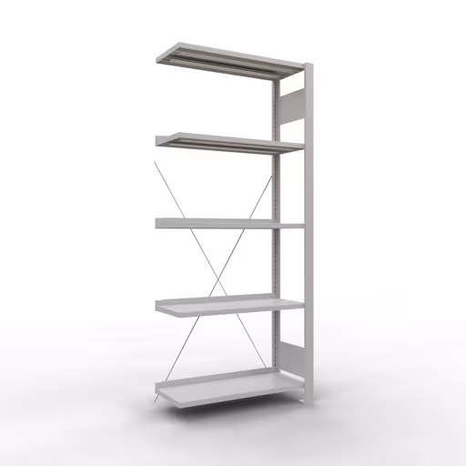 Anbauregal, Büro-Fachbodenregal Stecksystem MULTIplus85, 1800 x 750 x 300 mm (HxBxT), 5 Fachböden, Kreuzstrebe, mit Anschlagleiste, lichtgrau aus der Kategorie Stecksystem mit der Artikelnummer 36003
