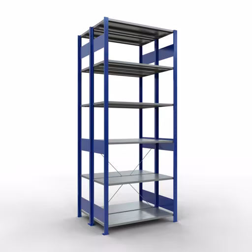 Grundregal, Doppelregal, Fachbodenregal Stecksystem MULTIplus150, 2500 x 1000 x (2x400) mm (HxBxT), 2x6 Fachböden, Kreuzstrebe, RAL 5010 enzianblau von der Marke Schulte Lagertechnik aus der Produktreihe Fachbodenregale