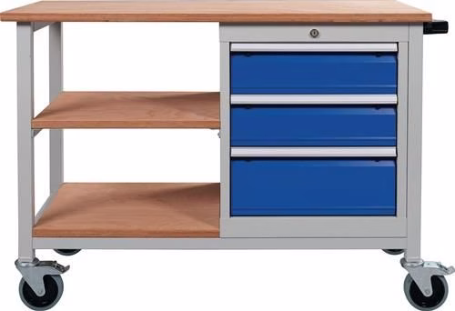 Detailbild 4055977 Werkbank Breite 1200 x Tiefe 540 x Höhe 880 mm Buche Multiplex lichtgrau/signalblau 3 Schubladen