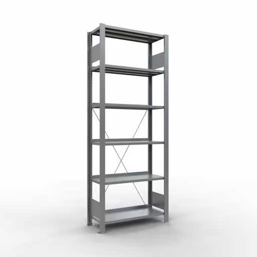 Grundregal, Büro-Fachbodenregal Stecksystem MULTIplus85, 2000 x 750 x 300 mm (HxBxT), 6 Fachböden, Kreuzstrebe, verzinkt, mit Anschlagleiste aus der Kategorie Stecksystem mit der Artikelnummer 17706