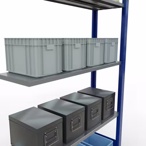 Produktbild Nr.14 des Artikels Anbauregal, Fachbodenregal Stecksystem MULTIplus150, 2000 x 1000 x 300 mm (HxBxT), 5 Fachböden, Längenriegel, RAL 5010 enzianblau/verzinkt aus der Produktreihe Stecksystem von der Marke Schulte Lagertechnik
