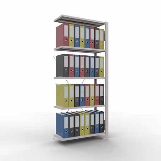 Anbauregal, Büro-Fachbodenregal Stecksystem MULTIplus85, 1800 x 750 x 300 mm (HxBxT), 5 Fachböden, Kreuzstrebe, ohne Anschlagleiste, lichtgrau von Schulte Lagertechnik mit der Artikelnr. 36021
