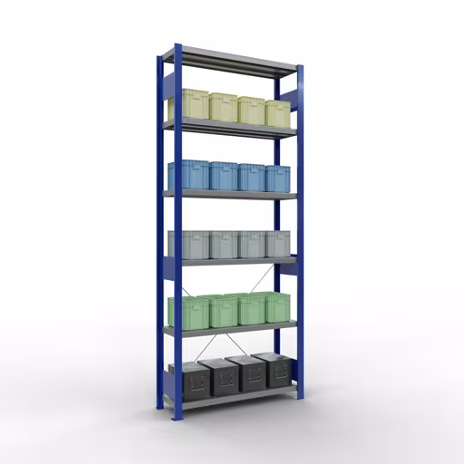 Grundregal, Fachbodenregal Stecksystem MULTIplus330, 2500 x 1000 x 300 mm (HxBxT), 6 Fachböden, Kreuzstrebe, RAL 5010 enzianblau/verzinkt von der Marke Schulte Lagertechnik aus der Produktreihe Stecksystem