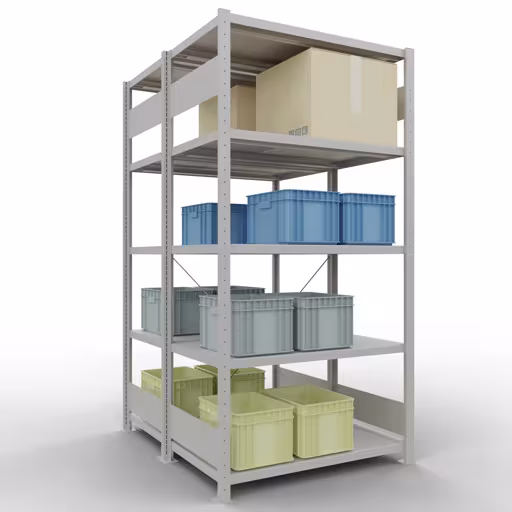 Produktbild Nr.15 des Artikels Grundregal, Doppelregal, Fachbodenregal Stecksystem MULTIplus250, 2000 x 1000 x (2x600) mm (HxBxT), 2x5 Fachböden, Kreuzstrebe, RAL 7035 lichtgrau aus der Produktreihe Fachbodenregale von der Marke Schulte Lagertechnik