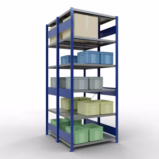 Produktbild Nr 13 des Artikels Grundregal, Doppelregal, Fachbodenregal Stecksystem MULTIplus250, 2500 x 1000 x (2x600) mm (HxBxT), 2x6 Fachböden, Kreuzstrebe, RAL 5010 enzianblau Abbildung Nr 13 des Artikels Grundregal, Doppelregal, Fachbodenregal Stecksystem MULTIplus250, 2500 x 1000 x (2x600) mm (HxBxT), 2x6 Fachböden, Kreuzstrebe, RAL 5010 enzianblau aus der Produktgruppe Fachbodenregale von der Marke Schulte Lagertechnik