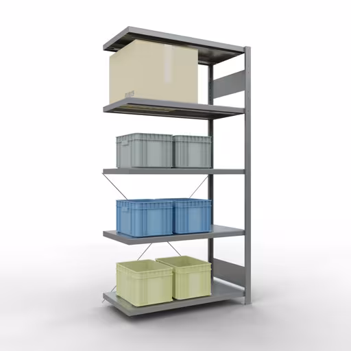 Produktbild Nr 13 des Artikels Anbauregal, Fachbodenregal Stecksystem MULTIplus330, 2000 x 1000 x 500 mm (HxBxT), 5 Fachböden, Kreuzstrebe, verzinkt Abbildung Nr 13 des Artikels Anbauregal, Fachbodenregal Stecksystem MULTIplus330, 2000 x 1000 x 500 mm (HxBxT), 5 Fachböden, Kreuzstrebe, verzinkt aus der Produktgruppe Stecksystem von der Marke Schulte Lagertechnik