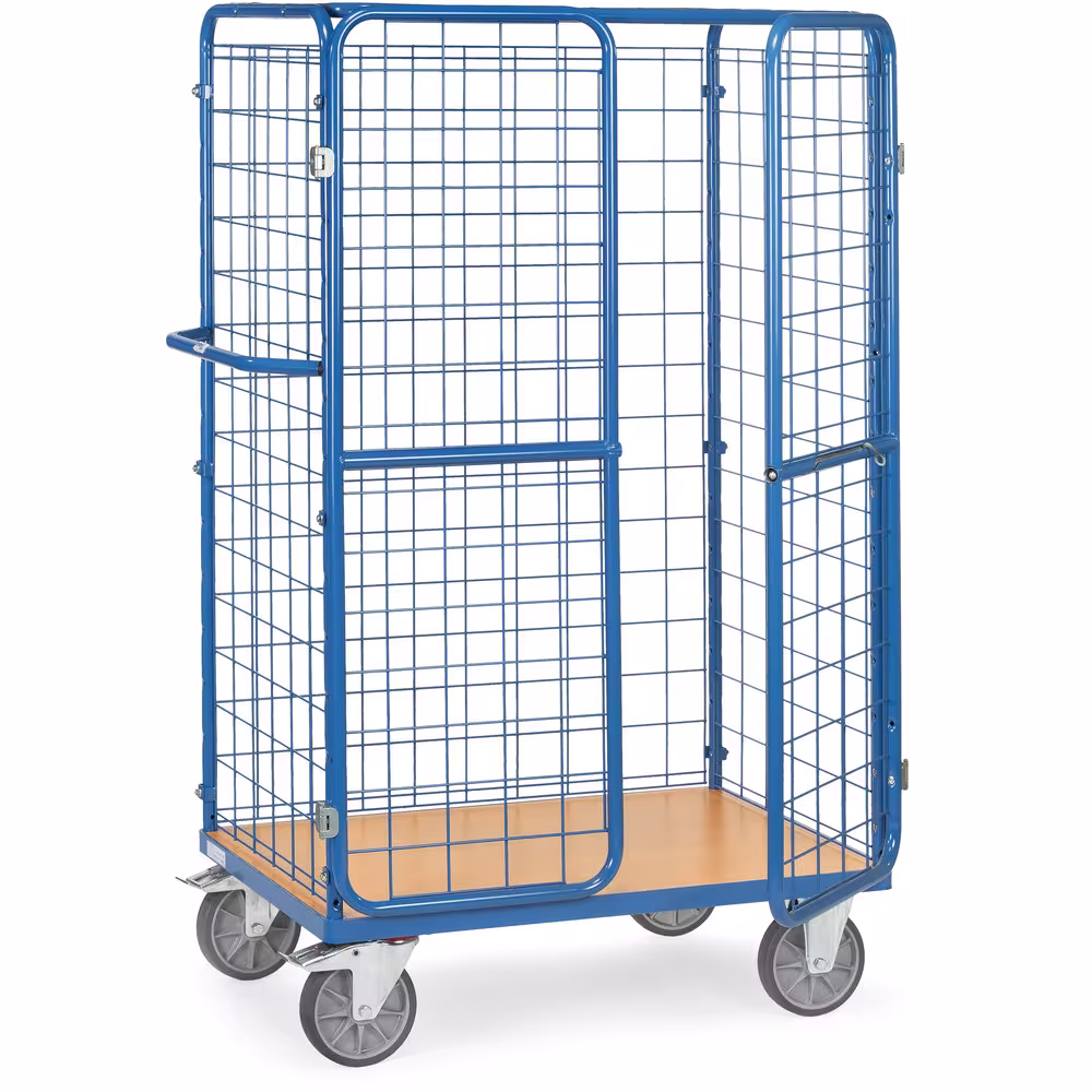 Paketwagen 8583-3D mit Dach Breite 800 mm, Länge 1200 mm von der Marke Fetra Paketwagen hoch Dach pulverbeschichtet blau RAL 5007, Schraubkonstruktion, Stirnwände und eine Längswand geschlossen mit Drahtgitter Typ Ladeflächenbreite: 800 mm aus der Kategorie Etagenwagen mit der Artikelnr. 8583-3D