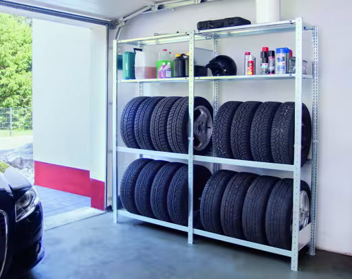 Anbauregal, Garagenregal-Set MULTIplus150, 2000 x 1000 x 400 mm (HxBxT), verzinkt, 2 Fachböden, 2 Reifenebenen á 150 kg Fachlast pro Ebene mit der Artikelnr. 20746-4 Anbauregal, Garagenregal-Set MULTIplus150, 2000 x 1000 x 400 mm (HxBxT), verzinkt, 2 Fachböden, 2 Reifenebenen á 150 kg Fachlast pro Ebene von Schulte Lagertechnik aus der Kategorie Fachbodenregale