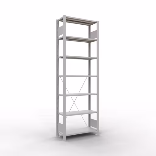 Grundregal, Büro-Fachbodenregal Stecksystem MULTIplus85, 2300 x 750 x 300 mm (HxBxT), 7 Fachböden, Kreuzstrebe, ohne Anschlagleiste, lichtgrau von der Marke Schulte Lagertechnik Grundregal, Büro-Fachbodenregal Stecksystem MULTIplus85, 2300 x 750 x 300 mm (HxBxT), 7 Fachböden, Kreuzstrebe, ohne Anschlagleiste, lichtgrau aus der Kategorie Stecksystem mit der Artikelnummer 36030