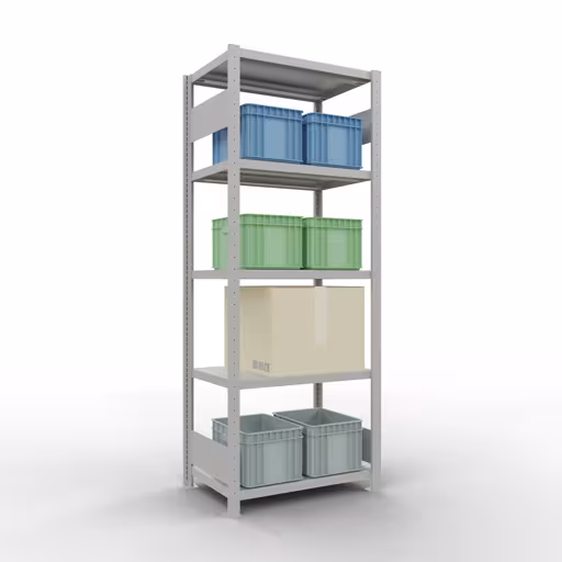 Grundregal, Fachbodenregal Stecksystem MULTIplus250, 2000 x 750 x 500 mm (HxBxT), 5 Fachböden, Längenriegel, RAL 7035 lichtgrau aus der Kategorie Grundregal mit der GTIN 4004514294722 Grundregal, Fachbodenregal Stecksystem MULTIplus250, 2000 x 750 x 500 mm (HxBxT), 5 Fachböden, Längenriegel, RAL 7035 lichtgrau von der Marke Schulte Lagertechnik aus der Produktreihe Stecksystem