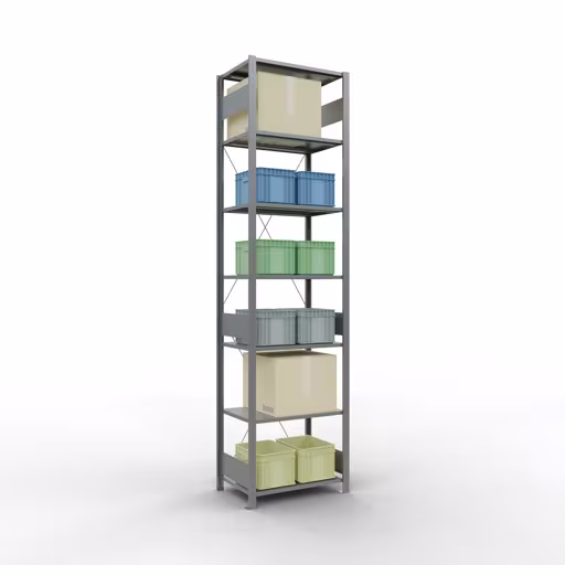 Grundregal, Fachbodenregal Stecksystem MULTIplus150, 3000 x 750 x 500 mm (HxBxT), 7 Fachböden, Kreuzstrebe, verzinkt mit der Artikelnr. 12752-75 Grundregal, Fachbodenregal Stecksystem MULTIplus150, 3000 x 750 x 500 mm (HxBxT), 7 Fachböden, Kreuzstrebe, verzinkt von Schulte Lagertechnik aus der Kategorie Stecksystem