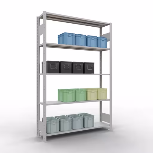 Grundregal, Fachbodenregal Stecksystem MULTIplus150, 2000 x 1300 x 300 mm (HxBxT), 5 Fachböden, Längenriegel, RAL 7035 lichtgrau mit der GTIN 4004514292513 Grundregal, Fachbodenregal Stecksystem MULTIplus150, 2000 x 1300 x 300 mm (HxBxT), 5 Fachböden, Längenriegel, RAL 7035 lichtgrau von Schulte Lagertechnik mit der Artikelnr. 32630-130-LR