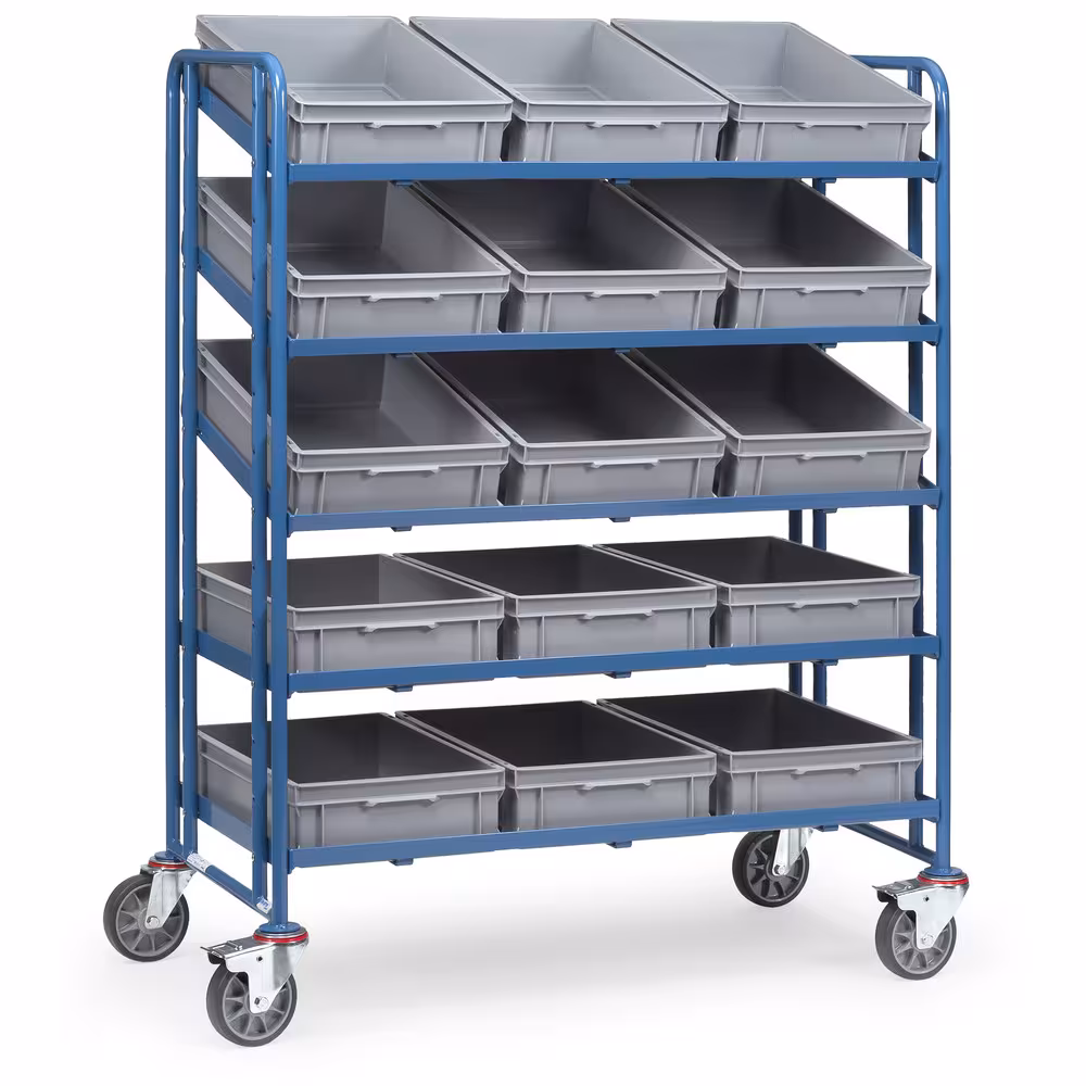 Eurokastenwagen 1399 - mit 15 Kästen Baukasten-System Stahlrohr und Profilstahl geschweißt, pulverbeschichtet blau RAL 5007, Schraubkonstruktion aus der Kategorie Etagenwagen mit der Artikelnummer 1399