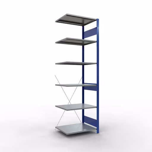 Anbauregal, Fachbodenregal Stecksystem MULTIplus150, 2500 x 750 x 600 mm (HxBxT), 6 Fachböden, Kreuzstrebe, RAL 5010 enzianblau/verzinkt/verzinkt aus der Kategorie Anbauregal mit der Artikelnummer 12766-75-B
