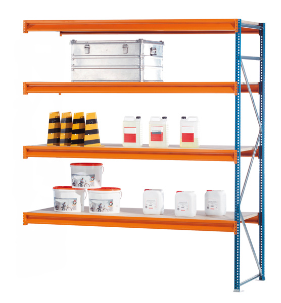 Ohne Text 2127380 Anbauregal, Weitspannregal mit Stahlpaneelen W 100, 2500 x 2140 x 600 mm, blau/orange/verzinkt, 4 Ebenen, Fachlast 950 kg