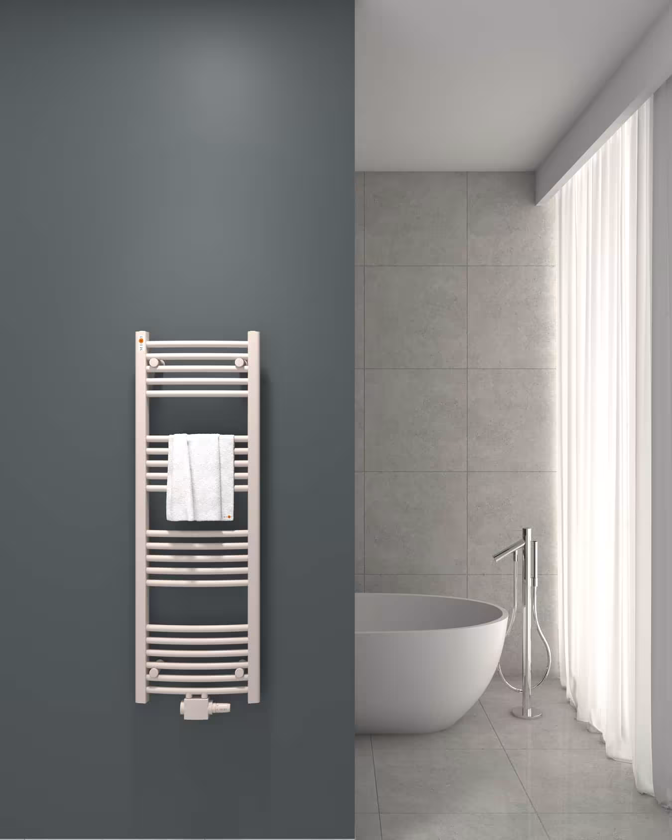 Radiateur de salle de bain courbé blanc, 400 x 1200 mm, raccordement central de MERT MERT Radiateur de salle de bain blanc courbé, raccordement central, radiateur de salle de bain, réf. 2-40x120-M
