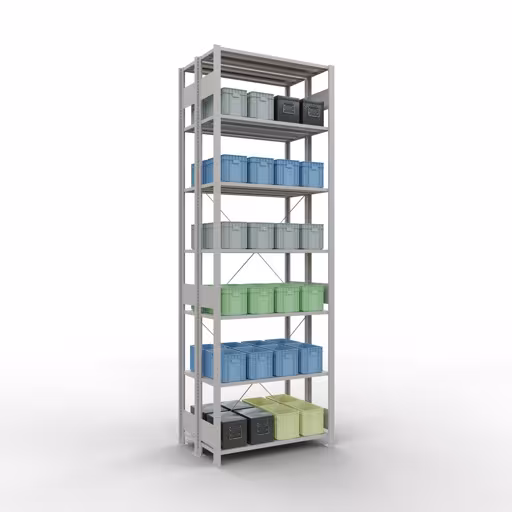 Grundregal, Doppelregal, Fachbodenregal Stecksystem MULTIplus150, 3000 x 1000 x (2x600) mm (HxBxT), 2x7 Fachböden, Kreuzstrebe, RAL 7035 lichtgrau von Schulte Lagertechnik mit der Artikelnr. 32732