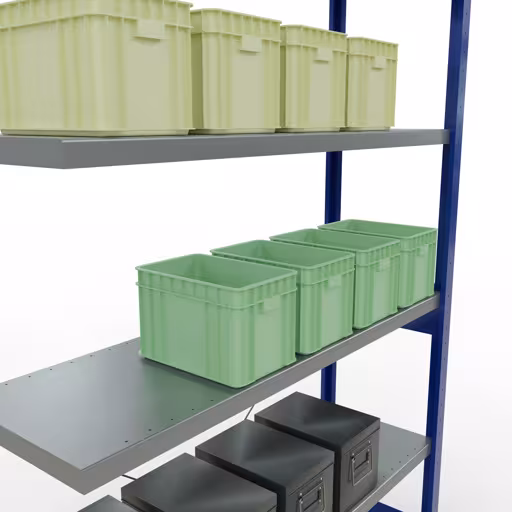 Abbildung Nr 7 des Artikels Anbauregal, Fachbodenregal Stecksystem MULTIplus250, 2500 x 1300 x 400 mm (HxBxT), 6 Fachböden, Kreuzstrebe, RAL 5010 enzianblau/verzinkt aus der Produktgruppe Stecksystem von der Marke Schulte Lagertechnik
