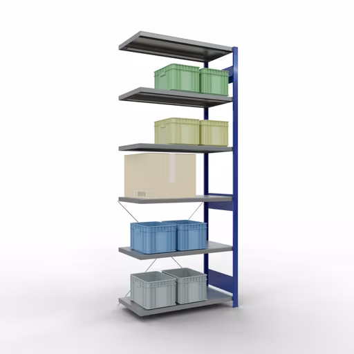 Produktbild Nr.11 des Artikels Anbauregal, Fachbodenregal Stecksystem MULTIplus250, 2500 x 1000 x 500 mm (HxBxT), 6 Fachböden, Kreuzstrebe, RAL 5010 enzianblau/verzinkt aus der Produktreihe Stecksystem von der Marke Schulte Lagertechnik