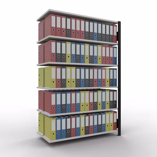 Anbauregal, Büro-Fachbodenregal Stecksystem MULTIplus150, 2000 x 1300 x 600 mm (HxBxT), 6 Fachböden, Längenriegel, mit Mittelanschlag, schwarz/lichtgrau von der Marke Schulte Lagertechnik aus der Produktreihe Büroregale