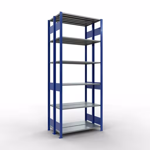 Produktbild Nr.16 des Artikels Grundregal, Doppelregal, Fachbodenregal Stecksystem MULTIplus150, 2500 x 1000 x (2x300) mm (HxBxT), 2x6 Fachböden, Längenriegel, RAL 5010 enzianblau aus der Produktreihe Fachbodenregale von der Marke Schulte Lagertechnik