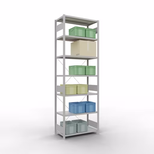 Grundregal, Fachbodenregal Stecksystem MULTIplus250, 3000 x 1000 x 500 mm (HxBxT), 7 Fachböden, Kreuzstrebe, RAL 7035 lichtgrau mit der Artikelnr. 32852 Grundregal, Fachbodenregal Stecksystem MULTIplus250, 3000 x 1000 x 500 mm (HxBxT), 7 Fachböden, Kreuzstrebe, RAL 7035 lichtgrau von Schulte Lagertechnik aus der Kategorie Stecksystem