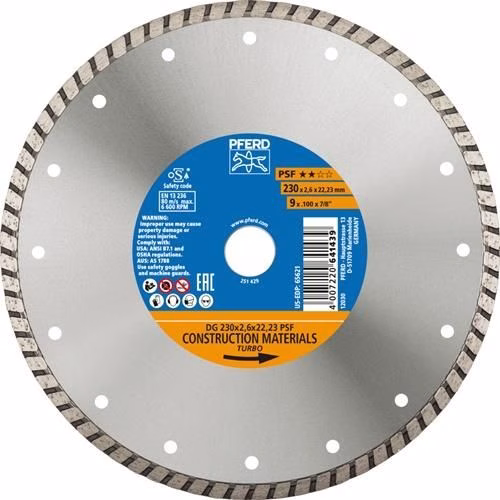 Diamanttrennscheibe DG PSF Durchmesser 230 mm Bohrung 22,23 mm Segmenthöhe 7 mm Segment-Stärke 2,6 mm PFERD von der Marke Pferd Tools Diamanttrennscheibe PFERD TOOLS aus der Kategorie Trennscheiben mit der Teilenummer 8000429388