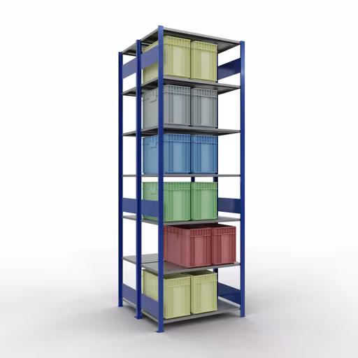 Zusatzbild des Artikels Grundregal, Doppelregal, Fachbodenregal Stecksystem MULTIplus150, 3000 x 1000 x (2x500) mm (HxBxT), 2x7 Fachböden, Längenriegel, RAL 5010 enzianblau Zusatzbild des Artikels Grundregal, Doppelregal, Fachbodenregal Stecksystem MULTIplus150, 3000 x 1000 x (2x500) mm (HxBxT), 2x7 Fachböden, Längenriegel, RAL 5010 enzianblau aus Doppelregale