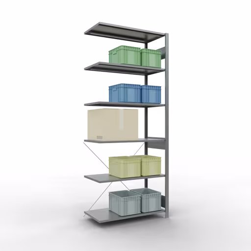 Produktbild Nr 12 des Artikels Anbauregal, Fachbodenregal Stecksystem MULTIplus85, 2500 x 1000 x 500 mm (HxBxT), 6 Fachböden, Kreuzstrebe, verzinkt Abbildung Nr 12 des Artikels Anbauregal, Fachbodenregal Stecksystem MULTIplus85, 2500 x 1000 x 500 mm (HxBxT), 6 Fachböden, Kreuzstrebe, verzinkt aus der Produktgruppe Stecksystem von der Marke Schulte Lagertechnik