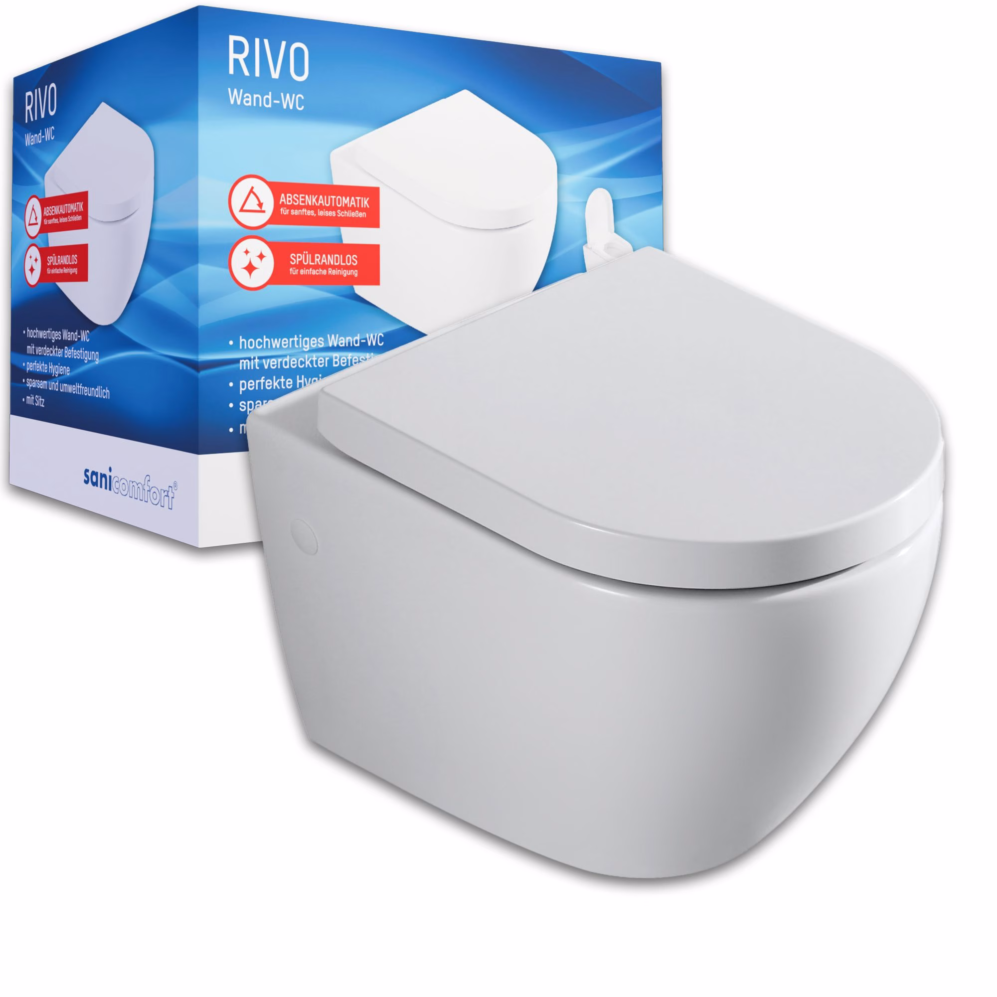 sanicomfort Wand-WC Set Rivo Tiefspüler ohne Spülrand kurz weiß glänzend