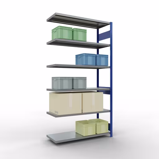 Anbauregal, Fachbodenregal Stecksystem MULTIplus250, 2500 x 1300 x 500 mm (HxBxT), 6 Fachböden, Längenriegel, RAL 5010 enzianblau/verzinkt von der Marke Schulte Lagertechnik aus der Produktreihe Stecksystem