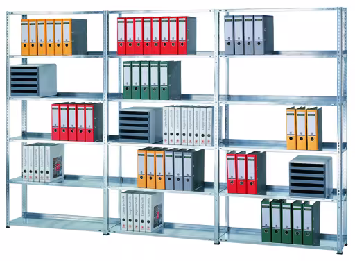 Grundregal, Büro-Fachbodenregal Schraubsystem MULTIplus150, 2300 x 1000 x 600 mm (HxBxT), 6 Fachböden, verzinkt, mit Mittelanschag aus der Kategorie Schraubsystem mit der Artikelnummer 12155