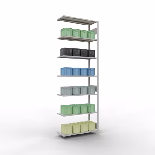 Anbauregal, Fachbodenregal Stecksystem MULTIplus150, 3000 x 1000 x 400 mm (HxBxT), 7 Fachböden, Längenriegel, RAL 7035 lichtgrau mit der GTIN 4004514292957 Anbauregal, Fachbodenregal Stecksystem MULTIplus150, 3000 x 1000 x 400 mm (HxBxT), 7 Fachböden, Längenriegel, RAL 7035 lichtgrau von Schulte Lagertechnik mit der Artikelnr. 32647-LR