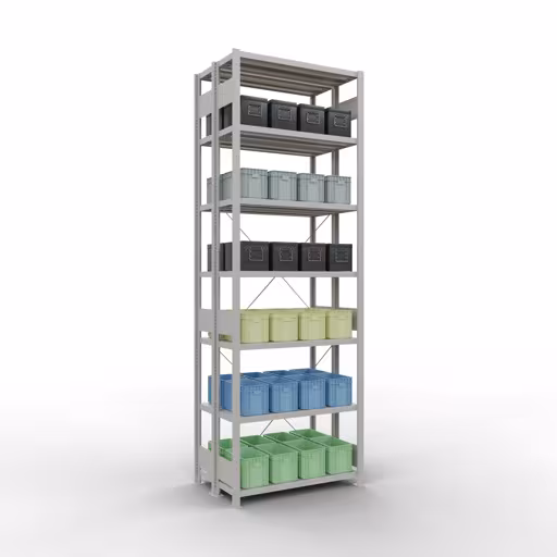 Grundregal, Doppelregal, Fachbodenregal Stecksystem MULTIplus250, 3000 x 1000 x (2x300) mm (HxBxT), 2x7 Fachböden, Kreuzstrebe, RAL 7035 lichtgrau von Schulte Lagertechnik mit der Artikelnr. 32132-G